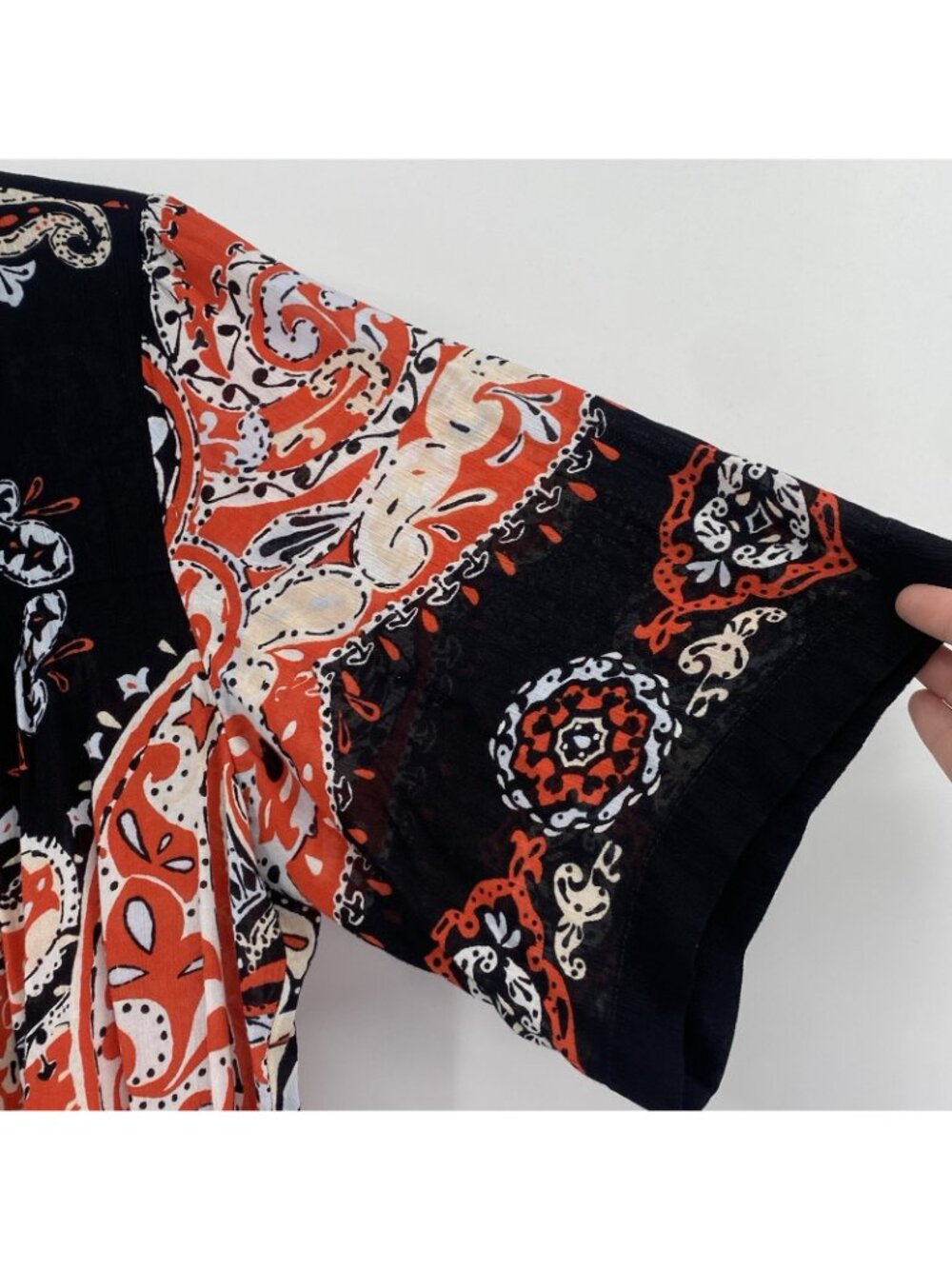 LOFT Women's Size M Red Paisley Blouse Flare Sleeves Rayon Boho - Picture 7 of 10